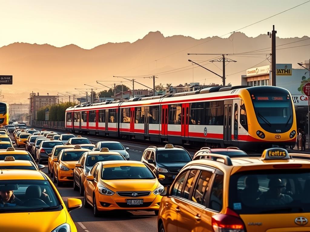 A bustling street in a vibrant South African city, with a variety of transportation options on display. In the foreground, a colorful assortment of minibus taxis and sedan taxis line the curb, their passengers hurrying to their destinations. In the middle ground, a modern commuter train glides by, its sleek design and bright livery a testament to the country's investment in public transit. In the background, the silhouettes of rugged mountains rise, hinting at the natural beauty that awaits beyond the urban landscape. The scene is bathed in warm, golden sunlight, conveying a sense of energy and dynamism that captures the essence of travel and mobility in South Africa.