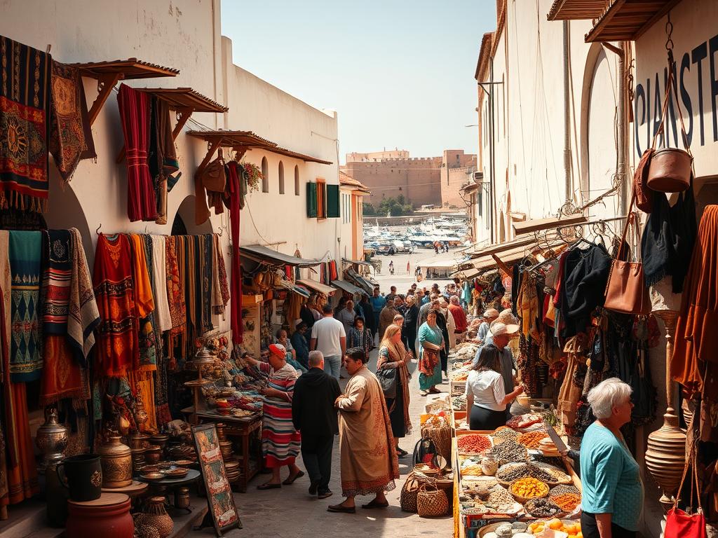 A bustling, sun-drenched marketplace in the ancient walled city of Essaouira, Morocco. In the foreground, vendors hawk their wares - vibrant textiles, intricate metalwork, fragrant spices, and handcrafted leather goods. Middle-ground alleys wind between whitewashed buildings, shopkeepers and locals engaged in lively exchanges. In the background, the iconic blue-painted fishing port and fortress walls frame the scene, creating a timeless, authentic atmosphere. Warm, golden light filters through narrow passages, casting soft shadows and highlighting the vibrant colors. A wide-angle lens captures the chaotic yet captivating energy of this historic Moroccan souk, a true embodiment of the region's vibrant culture and traditions. A bustling, sun-drenched marketplace in the ancient walled city of Essaouira, Morocco. In the foreground, vendors hawk their wares - vibrant textiles, intricate metalwork, fragrant spices, and handcrafted leather goods. Middle-ground alleys wind between whitewashed buildings, shopkeepers and locals engaged in lively exchanges. In the background, the iconic blue-painted fishing port and fortress walls frame the scene, creating a timeless, authentic atmosphere. Warm, golden light filters through narrow passages, casting soft shadows and highlighting the vibrant colors. A wide-angle lens captures the chaotic yet captivating energy of this historic Moroccan souk, a true embodiment of the region's vibrant culture and traditions.