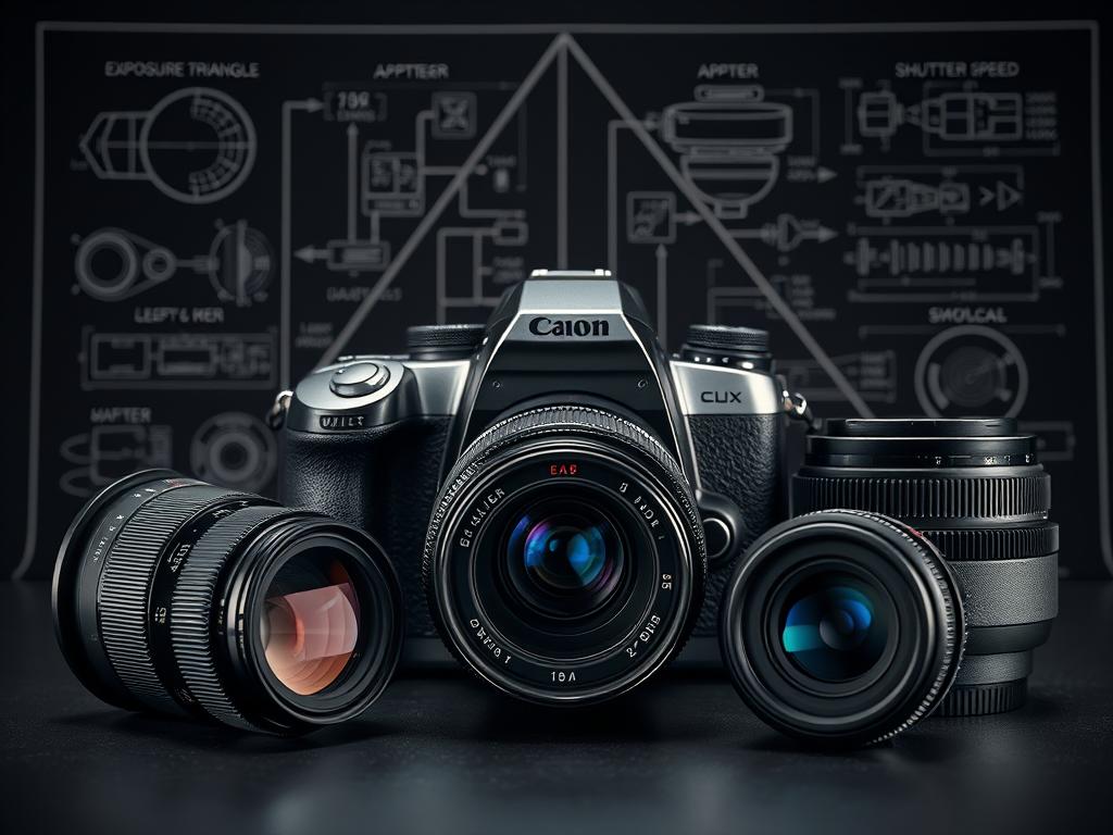 A classic camera setup showcasing the exposure triangle - aperture, shutter speed, and ISO. A high-end DSLR camera takes center stage, its sleek metal body gleaming under dramatic studio lighting. Lenses of varying focal lengths are arranged around it, their glass surfaces reflecting the scene. In the background, a dark, moody backdrop allows the technical elements to pop. Intricate diagrams and schematics illustrate the complex interplay between the three pillars of exposure, creating a visually striking and informative image that captures the essence of fundamental camera techniques.