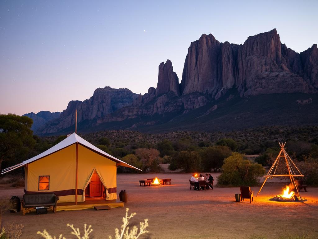 A cozy Spitzkoppe campground nestled amidst towering granite peaks, with well-appointed tented lodgings bathed in warm evening light. In the foreground, a spacious canvas tent with wooden accents sits atop a neatly manicured plot, inviting adventurers to rest their weary souls. The middle ground reveals a picturesque scene of campers gathered around a crackling fire, sharing stories under a star-speckled Namibian sky. In the distance, the iconic Spitzkoppe massif stands resolute, its rugged silhouette casting a dramatic backdrop for this peaceful camping oasis. The overall atmosphere exudes a sense of tranquility, adventure, and a deep connection to the breathtaking natural surroundings. A cozy Spitzkoppe campground nestled amidst towering granite peaks, with well-appointed tented lodgings bathed in warm evening light. In the foreground, a spacious canvas tent with wooden accents sits atop a neatly manicured plot, inviting adventurers to rest their weary souls. The middle ground reveals a picturesque scene of campers gathered around a crackling fire, sharing stories under a star-speckled Namibian sky. In the distance, the iconic Spitzkoppe massif stands resolute, its rugged silhouette casting a dramatic backdrop for this peaceful camping oasis. The overall atmosphere exudes a sense of tranquility, adventure, and a deep connection to the breathtaking natural surroundings.