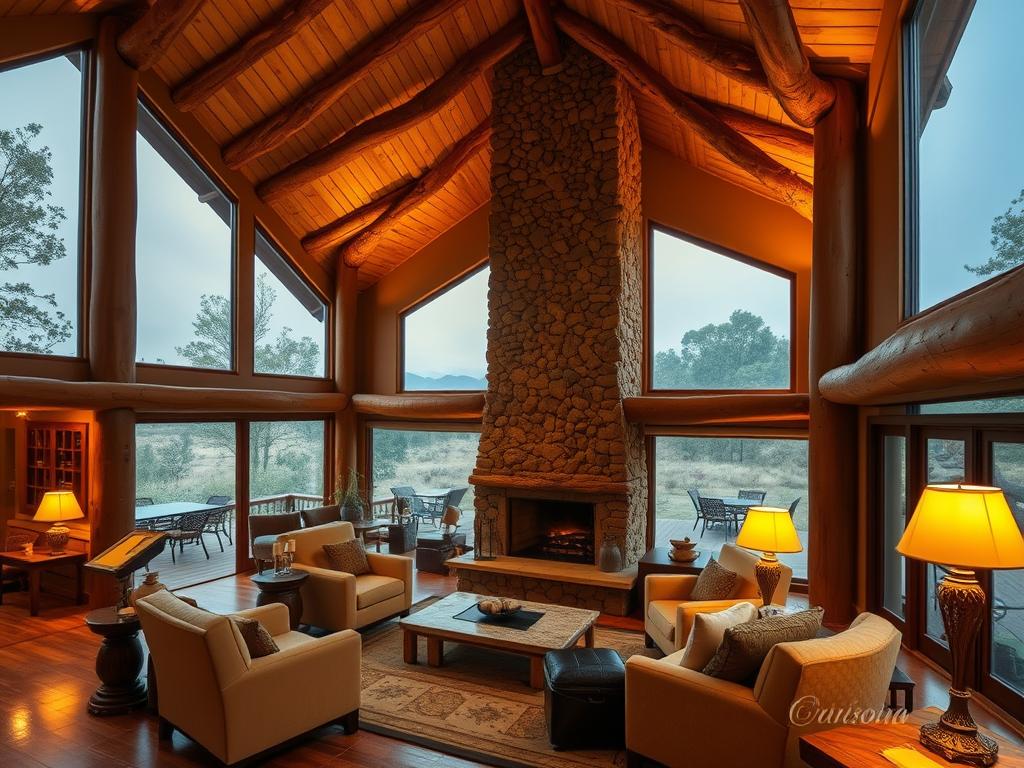 A cozy and inviting lodge interior, with warm lighting casting a soft glow over the natural wood accents and plush furnishings. Comfortable armchairs and a large stone fireplace create a relaxing atmosphere, while large windows offer panoramic views of the surrounding wilderness. Earthy tones, rich textures, and organic materials blend seamlessly to evoke a sense of rustic elegance. The scene exudes a serene and tranquil ambiance, perfect for guests to unwind and immerse themselves in the beauty of the African savanna.