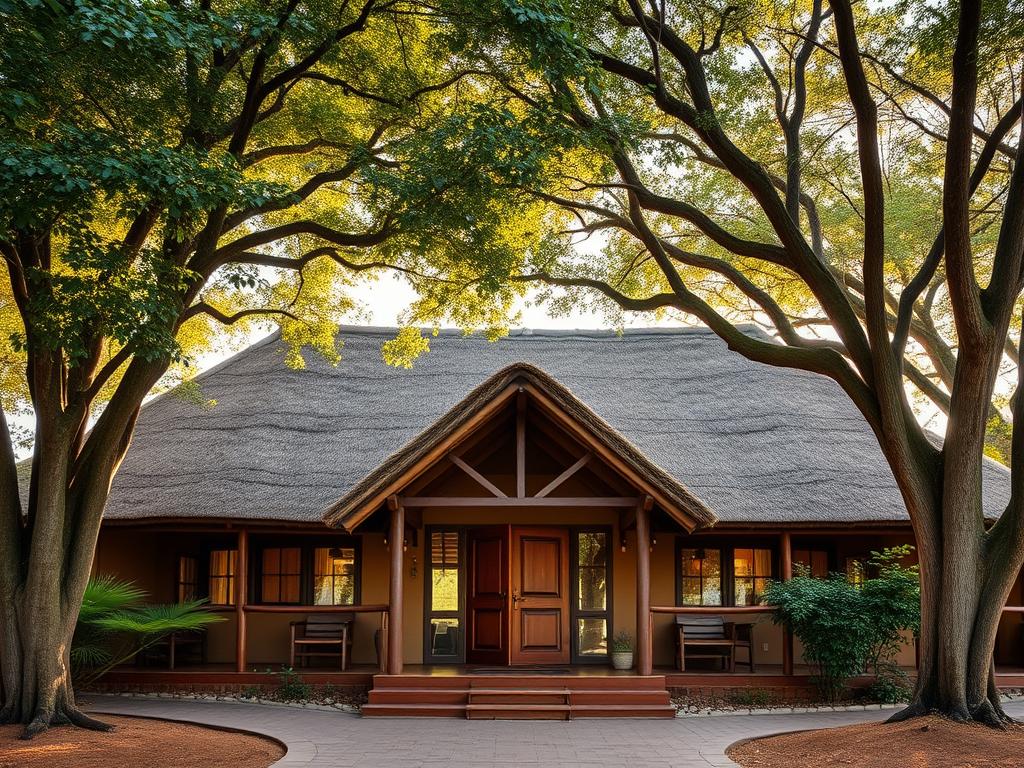 A cozy and inviting lodge nestled in the heart of Tarangire National Park, Tanzania. The rustic exterior blends seamlessly with the surrounding landscape, featuring thatched roofs and earthy tones that evoke a sense of natural harmony. Lush greenery and towering trees frame the scene, creating a tranquil and secluded atmosphere. The focal point is the main entrance, with a grand wooden doorway and a covered porch that beckons visitors to step inside and experience the warmth and hospitality of this safari retreat. Soft, diffused lighting filters through the trees, casting a golden glow over the scene and evoking a peaceful, relaxing mood. The overall composition suggests an intimate and authentic safari experience, perfectly suited to the "Unterkünfte, Aktivitäten und Insider-Tipps" section of the article.