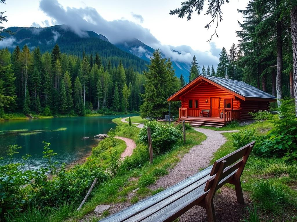 A cozy cabin nestled in the lush greenery of a forest, its wooden exterior glowing warmly in the soft afternoon light. In the foreground, a wooden bench overlooks a tranquil lake, inviting visitors to pause and take in the serene surroundings. The middle ground features a well-maintained hiking trail, winding through the verdant foliage, while the background showcases majestic mountains, their peaks shrouded in wispy clouds. The overall scene conveys a sense of peaceful relaxation, perfect for a rejuvenating getaway. The image should capture the essence of practical travel tips for accommodations, evoking a welcoming and nature-inspired atmosphere.