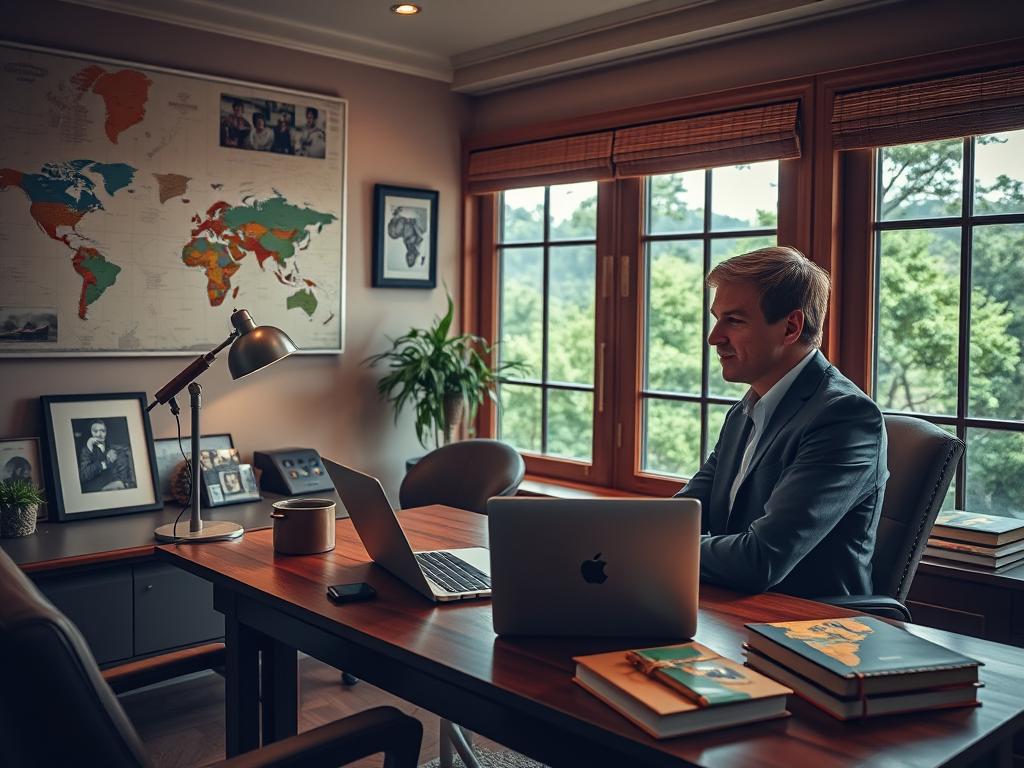 A cozy office setting with a warm, inviting atmosphere. A professional travel consultant sits at a wooden desk, laptop open, surrounded by travel-themed decor - a world map, framed photographs, and books on African safaris. Soft lighting from a desk lamp casts a gentle glow, while large windows offer a view of lush, verdant scenery outside. The consultant leans forward, engaged in a personalized conversation, ready to curate the ultimate luxury African safari experience tailored to the client's desires. Sophisticated yet approachable, this scene conveys the premium, bespoke service offered for planning the perfect dream vacation.