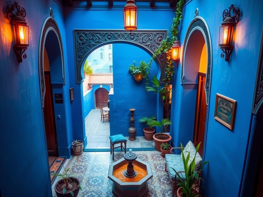 A cozy riad nestled in the heart of Chefchaouen, the "Blue Pearl" of Morocco. Vibrant blue walls and intricate, ornate architectural details create a serene, calming atmosphere. The central courtyard features a tranquil fountain, lush greenery, and an inviting lounge area. Warm, soft lighting filters through arched doorways, casting a gentle glow over the intimate, romantic space. In the background, a glimpse of the iconic blue-washed buildings and winding streets that make Chefchaouen a photographer's dream. A peaceful, luxurious retreat that captures the essence of this charming Moroccan city.