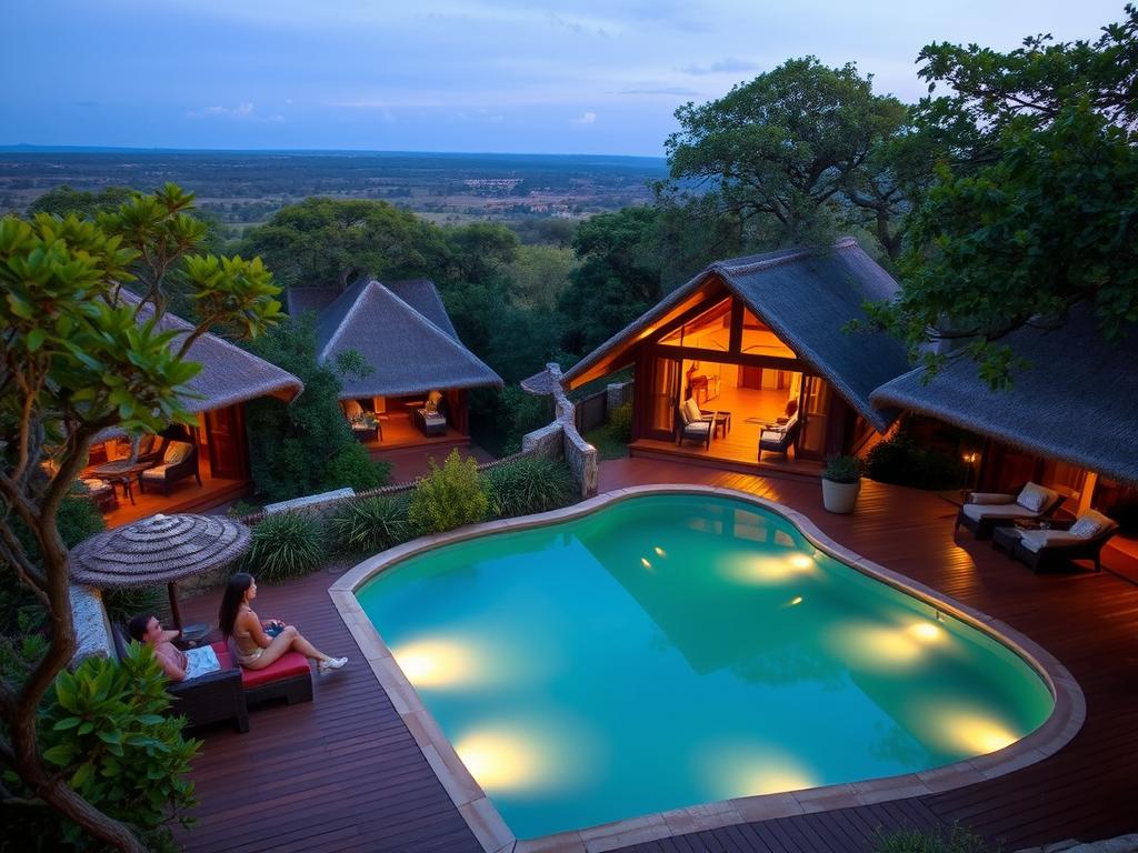 A cozy, well-appointed lodge nestled in the heart of the African wilderness. A picturesque scene of thatched-roof bungalows surrounded by lush, verdant foliage, with a glistening swimming pool in the foreground. Guests soak in the serene atmosphere, relaxing on the wooden decks and taking in the breathtaking panoramic views of the savanna. Soft, warm lighting casts a welcoming glow, while a subtle breeze rustles the trees. This tranquil oasis offers a luxurious yet authentic safari experience, catering to discerning travelers seeking comfort and individuality amidst the splendor of the natural world.