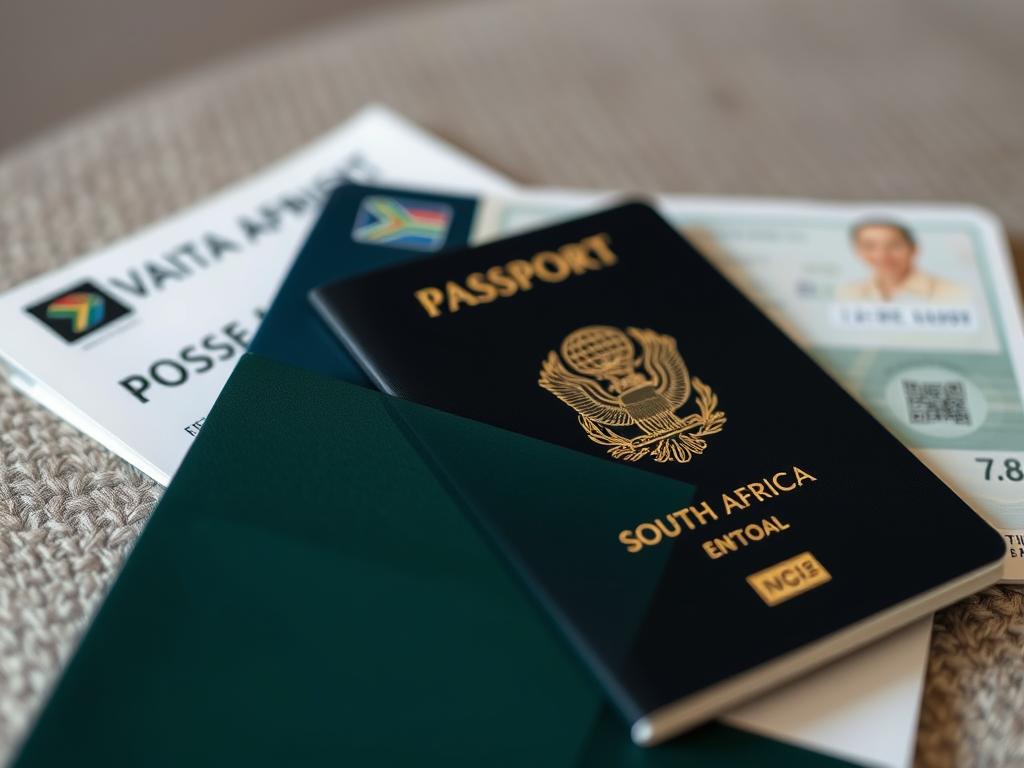 A detailed close-up image of official South African entry documents, including a passport, visa, and other official identification papers, set against a muted, textured backdrop. The documents are arranged neatly, their edges crisply defined, conveying a sense of organization and importance. Soft, directional lighting from the left side creates subtle shadows, emphasizing the tactile quality of the materials. The overall mood is one of authority and bureaucratic precision, reflecting the serious nature of the travel preparations.