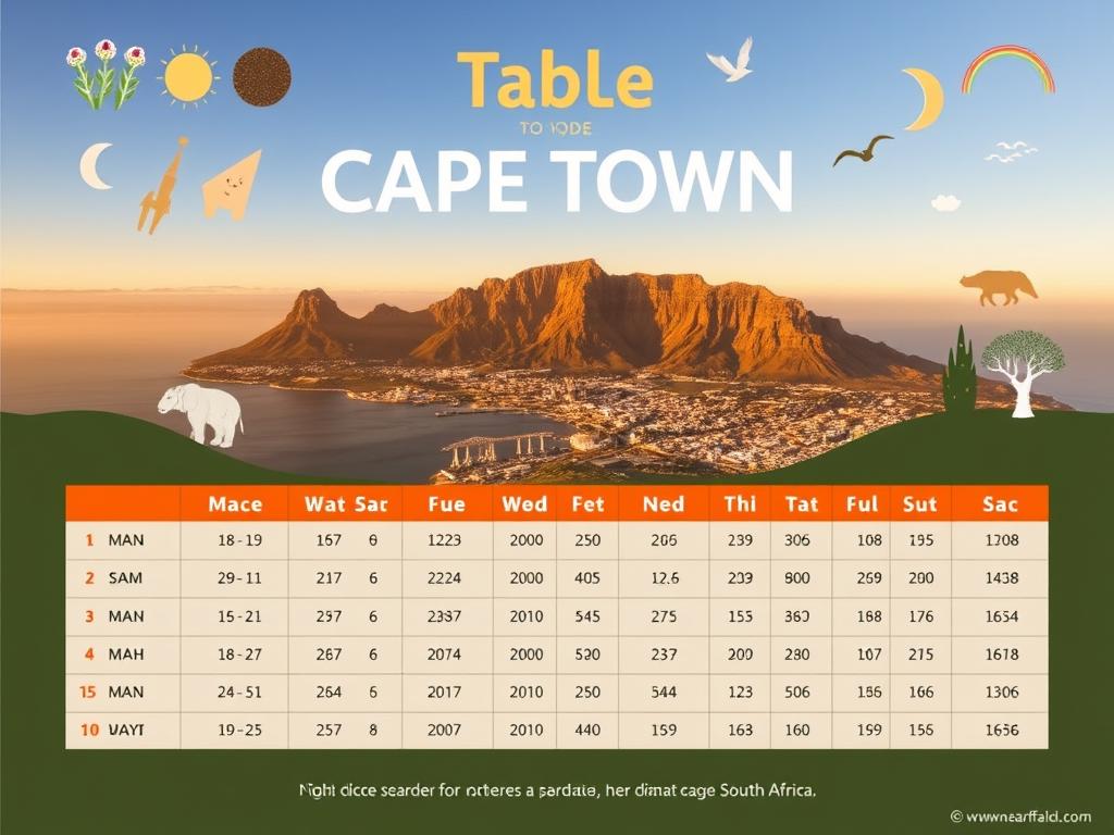 A detailed, informative infographic depicting the "Climate Table for Cape Town Weather". The foreground showcases a neatly organized table with temperature, precipitation, and sunshine data for each month, presented in a clean, legible design. The middle ground features a panoramic view of the iconic Table Mountain and the coastline of Cape Town, bathed in warm, golden light. The background subtly incorporates symbolic elements related to South African flora and fauna, creating a cohesive, visually striking composition that effectively conveys the regional climate and weather patterns. The overall mood is informative, educational, and visually appealing, serving as a valuable resource for planning a safari trip to South Africa.