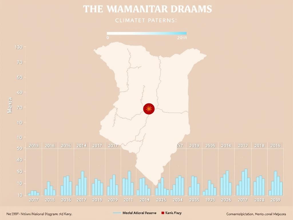 A detailed, scientifically accurate climate diagram depicting the weather patterns of the Masai Mara National Reserve in Kenya. Showcasing the monthly temperature and precipitation levels throughout the year, presented in a clean, informative layout. The diagram features a minimalist, infographic-style design with crisp lines, muted colors, and intuitive data visualization. The overall mood is one of objective, educational clarity, allowing the viewer to easily comprehend the seasonal weather trends of this renowned safari destination.