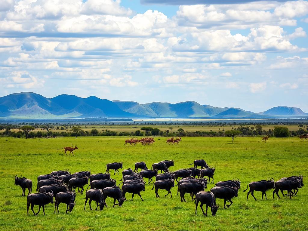 A dramatic landscape of the Masai Mara National Reserve in Kenya, captured during the prime game viewing season. Lush green grasslands stretch out under a vibrant blue sky, dotted with acacia trees and clusters of wildlife. In the foreground, a herd of majestic wildebeests graze peacefully, their movements creating a mesmerizing rhythm. In the middle distance, a group of Thomson's gazelles bound across the plains, their delicate legs propelling them with effortless grace. In the background, the undulating hills of the Masai Mara rise up, their rugged contours bathed in warm, golden light. The scene exudes a sense of timeless, untamed beauty, inviting the viewer to immerse themselves in the rhythm and wonder of this iconic African landscape.