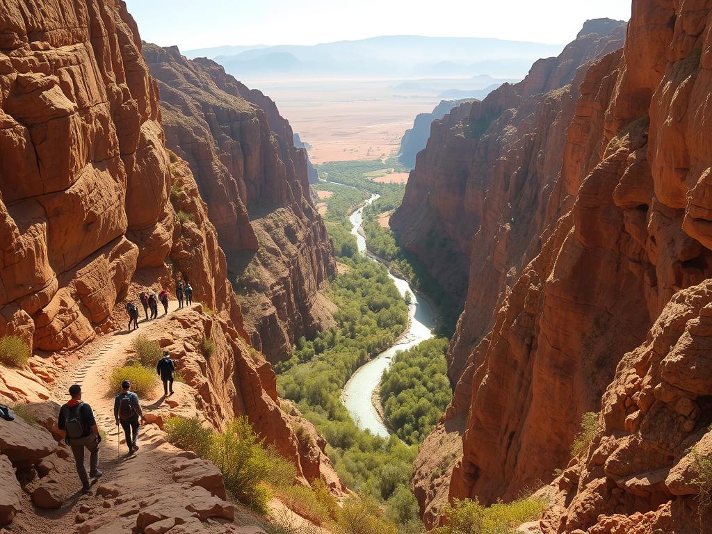 A dramatic, sun-dappled scene in the majestic Todra Gorge of Morocco. Towering, rust-colored cliffs frame the foreground, where hikers ascend rugged trails, their forms silhouetted against the bright sky. Rock climbers cling to the sheer rock faces, their ropes and harnesses lending a sense of adventure. In the middle ground, a winding river cuts through the verdant oasis, its cool waters inviting exploration. The background features the sweeping, arid landscapes characteristic of the High Atlas Mountains, hazy with the warmth of the day. An atmosphere of tranquility and the thrill of outdoor exploration permeates the scene.