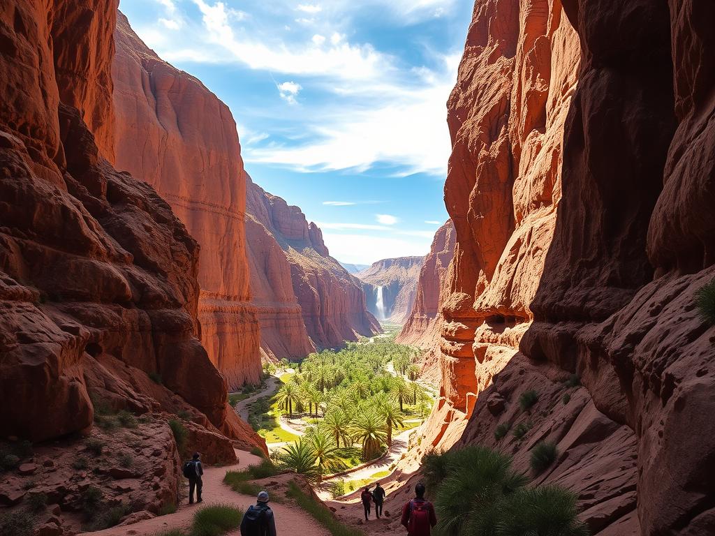 A dramatic, sun-drenched landscape of the Todra Gorge in Morocco. In the foreground, towering ochre-hued cliffs with intricate rock formations cast dramatic shadows. Hikers traverse a winding trail, marveling at the immense scale and rugged beauty. The middle ground features a lush, verdant oasis with palm trees and flowing streams, inviting exploration. In the distance, the gorge narrows, its steep walls converging toward a brilliant blue sky dotted with wispy clouds. The scene is suffused with a sense of adventure and connection to the natural world, capturing the essence of outdoor experiences in this stunning Moroccan canyon.