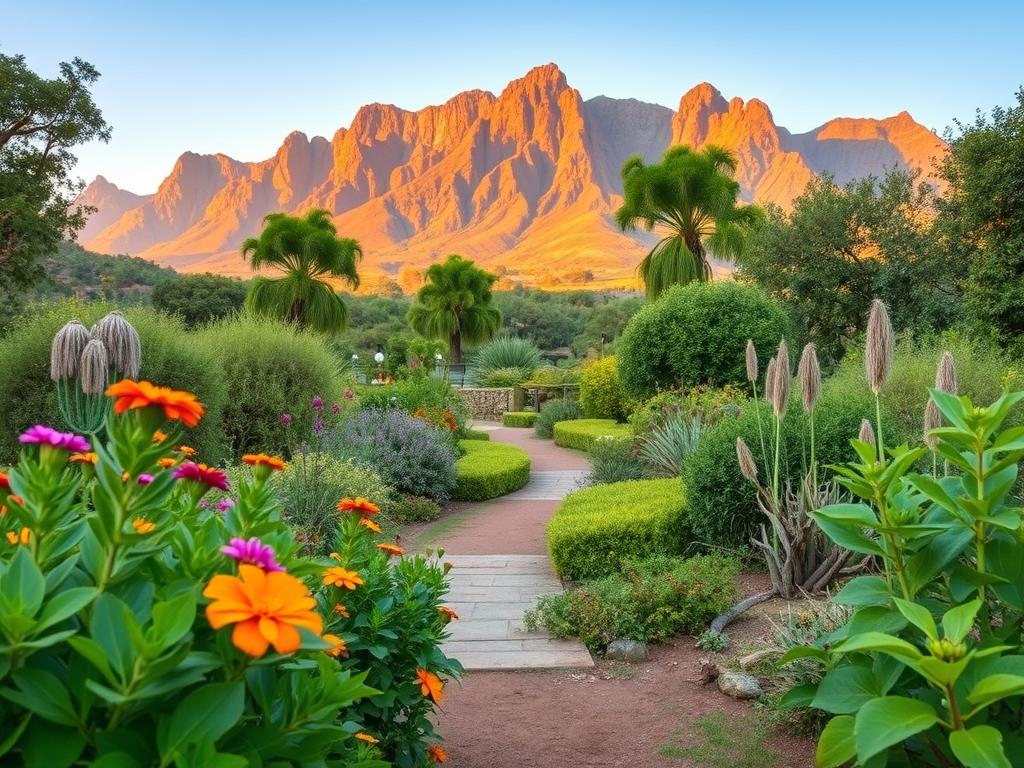 A family-friendly safari garden in South Africa's stunning Garden Route. In the lush, verdant foreground, vibrant flowers and leafy plants create a peaceful, natural setting. In the middle ground, a meandering path leads visitors through the tranquil garden, with diverse indigenous flora and fauna. Towards the background, a striking mountain range rises, its rugged peaks bathed in warm, golden sunlight. The atmosphere is one of serene, relaxed exploration, perfect for families to enjoy the beauty and wonder of the South African wilderness together.