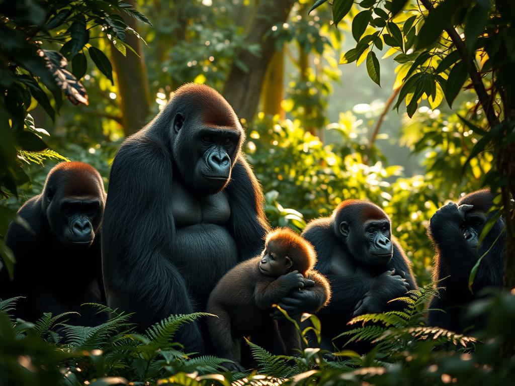 A family of gorillas in a lush, verdant jungle. The majestic silverback leads the troop, his powerful presence commanding respect. A female gorilla gently cradles her infant, their eyes locked in a profound, emotional connection. The dappled sunlight filters through the canopy, casting a warm, golden glow on the scene. The understory is thick with ferns and vines, creating a sense of intimacy and seclusion. The gorillas move with a graceful, unhurried pace, unperturbed by the human observer hidden in the foliage, their camera capturing this rare, privileged moment. A sense of awe and reverence permeates the air, as the viewer is granted a glimpse into the intricate social dynamics and profound emotional lives of these magnificent creatures.