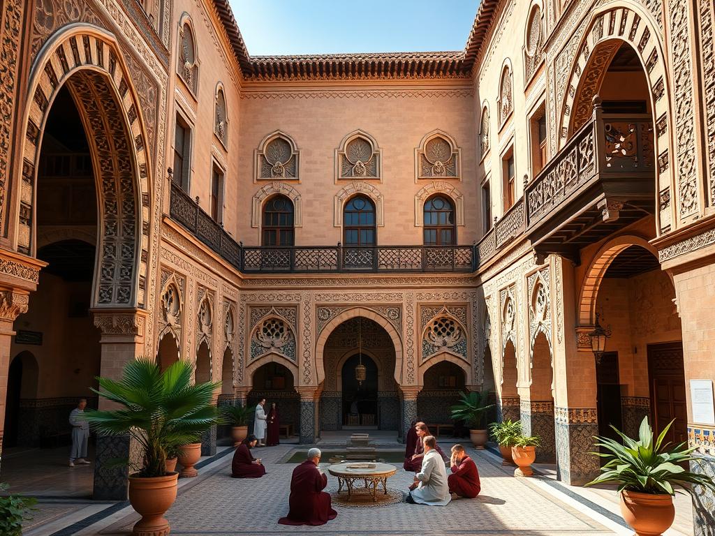A grand Moroccan medersa (Koranic school) nestled in the historic medina of Fès, its intricate carved stucco facades bathed in warm afternoon light. Elaborately decorated arched entryways lead into a serene central courtyard, its ornate tile work and mashrabiya balconies casting soft patterns of shadow. Devout students in traditional dress gather to study the Quran, their hushed voices echoing off the ornate walls. Lush potted plants and ornamental lanterns add to the tranquil, timeless atmosphere, transporting the viewer to a bygone era of Islamic architecture and scholarship.