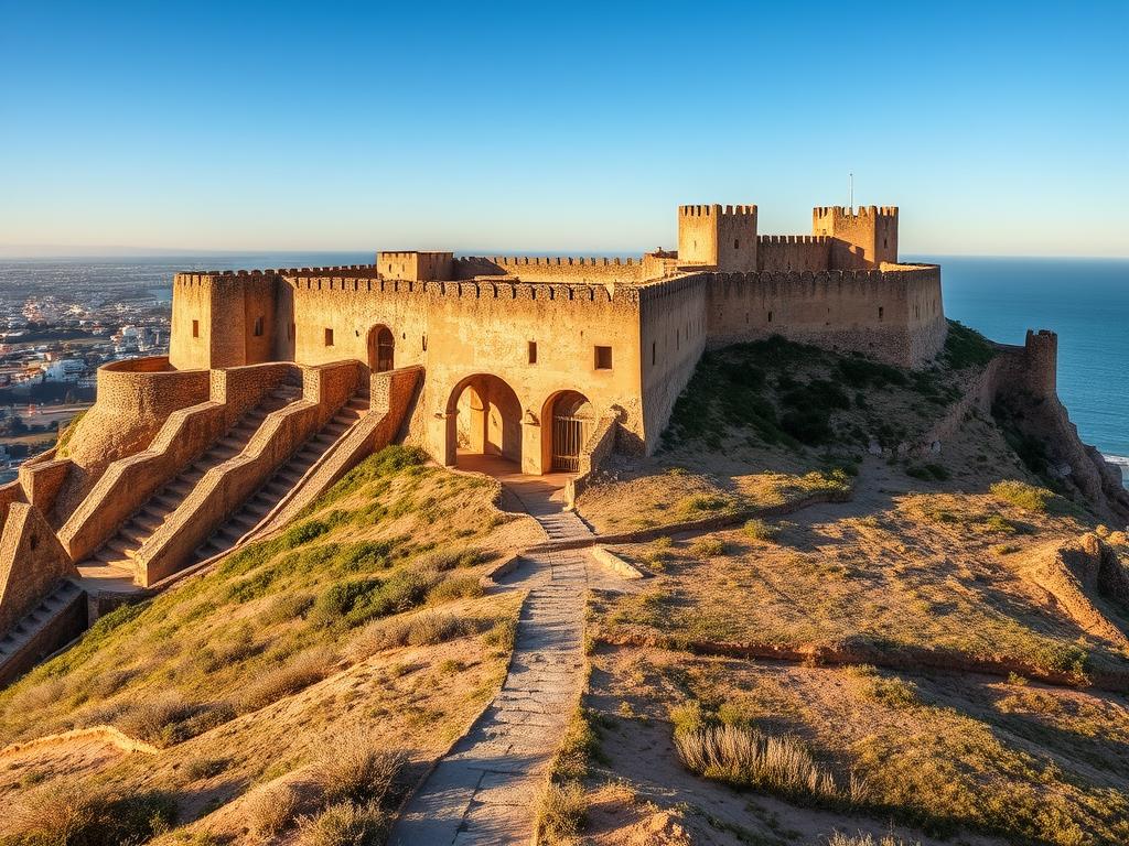 A grand medieval fortress perched atop a rocky promontory, the Festungsanlage Sqala de la Kasbah Essaouira commands sweeping views of the Atlantic Ocean and the historic town below. Weathered stone walls and sturdy ramparts stretch across the headland, casting dramatic shadows in the warm Mediterranean sunlight. Intricate architectural details, such as carved arched entryways and sturdy defensive towers, evoke a bygone era of military might and strategic importance. In the foreground, the rugged coastal landscape with its patchwork of paths and sparse vegetation leads the eye towards the imposing citadel, creating a sense of timeless grandeur and historical significance. This iconic landmark, a testament to Essaouira's rich heritage, stands as a must-see attraction for visitors to this enchanting Moroccan destination. A grand medieval fortress perched atop a rocky promontory, the Festungsanlage Sqala de la Kasbah Essaouira commands sweeping views of the Atlantic Ocean and the historic town below. Weathered stone walls and sturdy ramparts stretch across the headland, casting dramatic shadows in the warm Mediterranean sunlight. Intricate architectural details, such as carved arched entryways and sturdy defensive towers, evoke a bygone era of military might and strategic importance. In the foreground, the rugged coastal landscape with its patchwork of paths and sparse vegetation leads the eye towards the imposing citadel, creating a sense of timeless grandeur and historical significance. This iconic landmark, a testament to Essaouira's rich heritage, stands as a must-see attraction for visitors to this enchanting Moroccan destination.