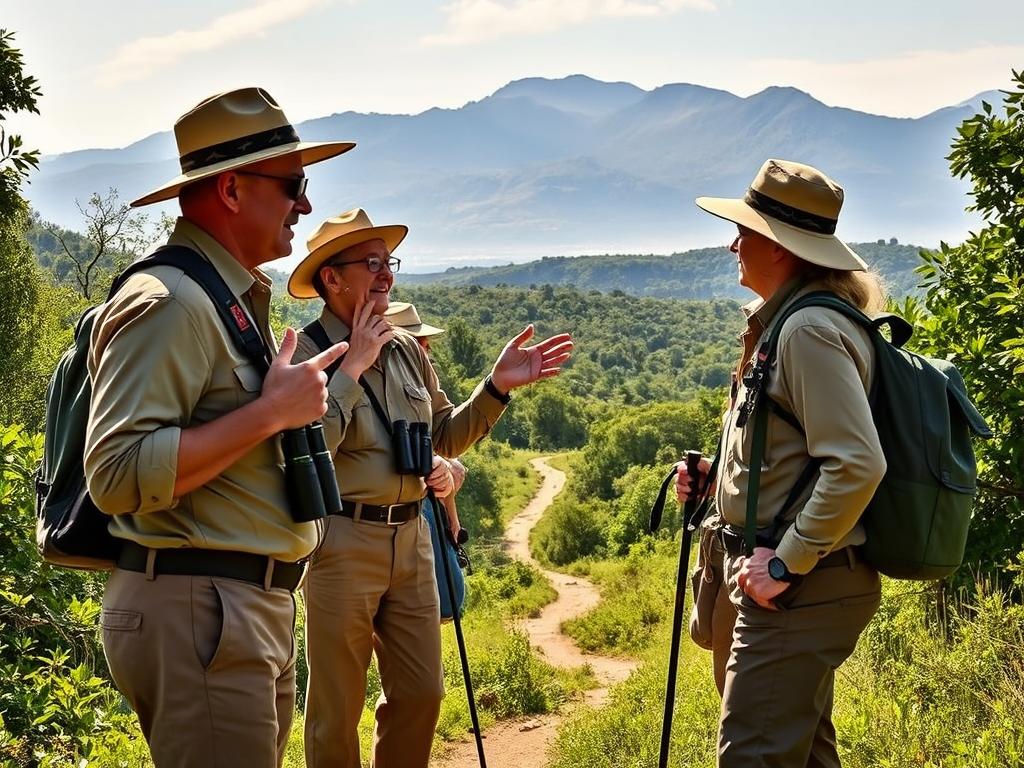 A group of experienced safari guides leading a walking tour through the lush, verdant landscapes of Africa. In the foreground, three guides dressed in khaki uniforms and wide-brimmed hats, equipped with binoculars and walking sticks, gesture animatedly as they share their extensive knowledge of the local flora and fauna with a small group of adventurous travelers. The middle ground reveals a winding path that disappears into a dense, sun-dappled forest, while the background showcases the majestic silhouettes of distant mountains, their peaks bathed in warm, golden light. The overall scene exudes a sense of exploration, discovery, and deep connection with the natural world, capturing the spirit of a truly immersive walking safari experience.