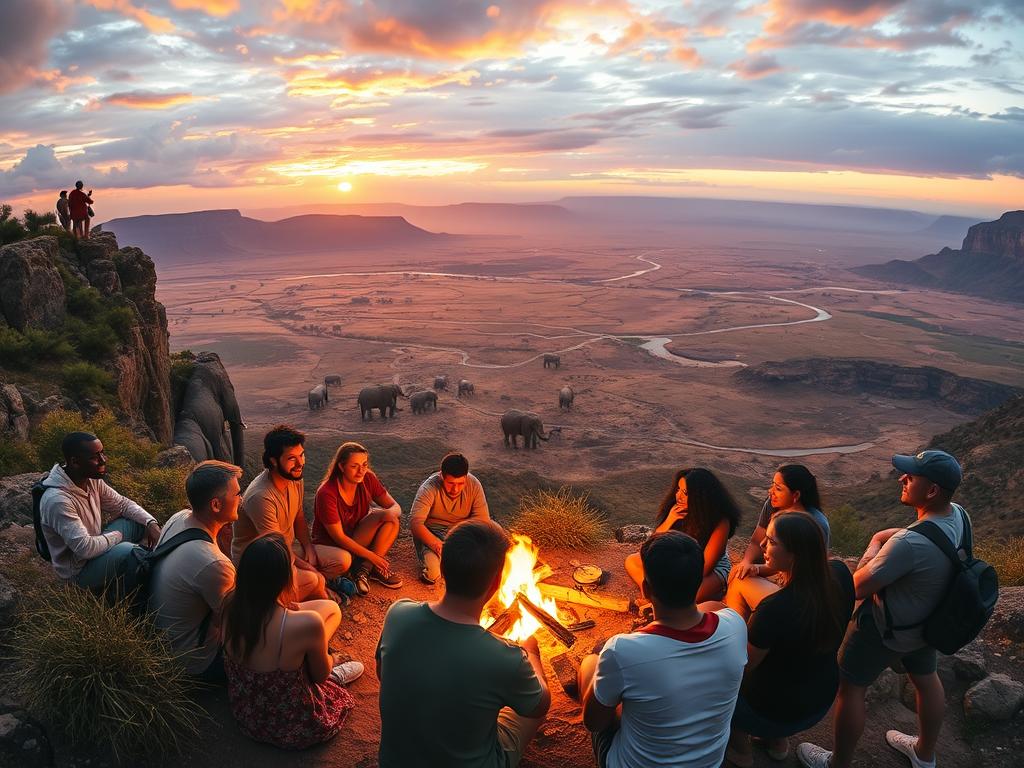 A group of friends exploring the vast landscapes of Africa, trekking through lush savannas, scaling rocky cliffs, and gathering around a campfire at dusk. Vibrant hues of the setting sun cast a warm glow, illuminating their faces filled with wonder and camaraderie. In the middle ground, a herd of elephants majestically roams, their powerful silhouettes silhouetted against the golden sky. The background features a breathtaking panorama of rugged mountains, winding rivers, and a boundless horizon. Captured with a wide-angle lens, the scene conveys the essence of shared experiences and the joy of discovering Africa's natural splendor together.