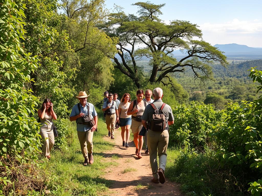 A group of people on a walking safari, led by an experienced guide, trekking through the lush, verdant African bush. In the foreground, the guide points out tracks and signs of wildlife, his keen eye scanning the vegetation. The safari-goers, dressed in neutral tones, follow attentively, cameras at the ready. The middle ground is a tapestry of towering trees, thick foliage, and dappled sunlight, creating a sense of immersion in the natural environment. In the background, a distant vista of rolling hills and a cloudless, azure sky, conveying the expansive scale of the African wilderness. The scene evokes a sense of adventure, discovery, and a deep connection with the untamed landscapes of the continent.