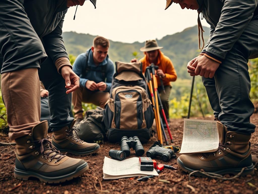 A group of seasoned hikers meticulously inspects their gear for an upcoming gorilla trekking expedition in the lush, verdant landscapes of Africa. In the foreground, they carefully examine sturdy hiking boots, moisture-wicking apparel, and insect-repellent essentials. The middle ground showcases a rugged backpack, trekking poles, and a first-aid kit, all strategically arranged. In the background, a map, binoculars, and a compass hint at the expedition's navigational challenges. Warm, diffused lighting and a sense of anticipation set the tone for this crucial preparatory stage of the safari. The scene conveys the determination and attention to detail required for a safe and rewarding gorilla trekking experience.