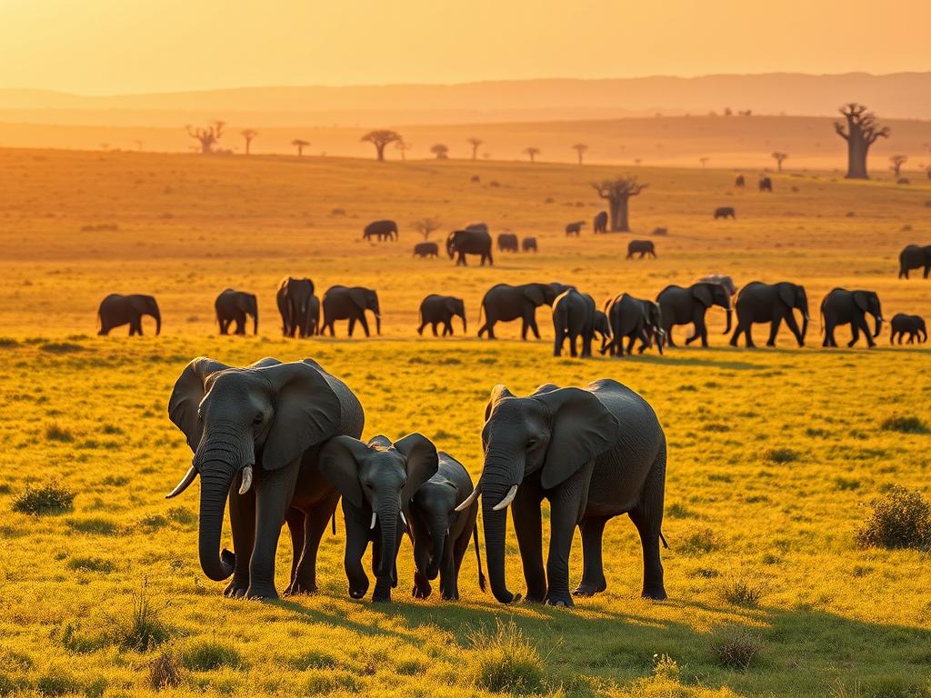 A herd of majestic African elephants roaming the lush, verdant landscape of Tarangire National Park in Tanzania. The sun casts a warm, golden glow over the scene, illuminating the gentle giants as they graze peacefully. In the foreground, a family of elephants, their trunks intertwined, creates a captivating tableau. In the middle ground, a larger herd ambles along, their massive bodies casting long shadows across the rolling savanna. In the distance, the iconic baobab trees dot the horizon, adding to the timeless, serene atmosphere. The image conveys the awe-inspiring beauty and tranquility of this remarkable wildlife haven.