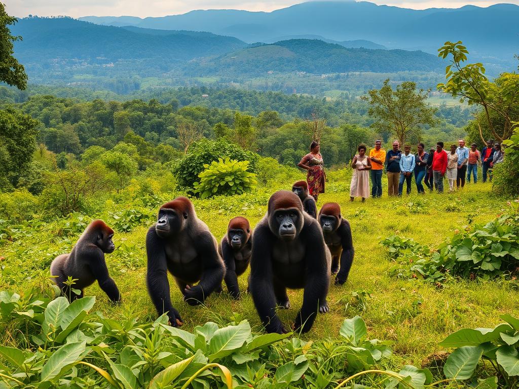 A lush African landscape, teeming with diverse flora and fauna. In the foreground, a family of majestic gorillas roam freely, their gentle movements capturing the essence of conservation. The middle ground showcases local communities engaged in sustainable tourism practices, visitors observing the gorillas with reverence. In the background, verdant forests and rolling hills create a serene, protected environment. The scene is bathed in warm, golden light, evoking a sense of harmony between nature, wildlife, and responsible tourism. A wide-angle lens captures the interconnectedness of this delicate ecosystem, promoting awareness and appreciation for sustainable practices that safeguard endangered species.