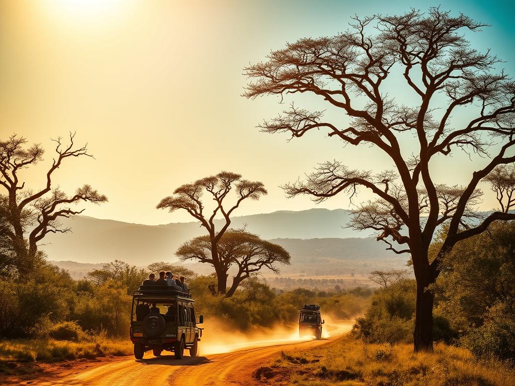 A lush African safari landscape, bathed in golden afternoon light. In the foreground, a group of safari vehicles navigates a dusty path, their passengers eagerly scanning the horizon for wildlife. Towering acacia trees frame the middle ground, their branches silhouetted against a vibrant, cloudless sky. In the distance, the rugged hills of the Chobe National Park rise up, hazy blue under the warm sun. The mood is one of adventure and anticipation, with a sense of tranquility and connection to the natural world.
