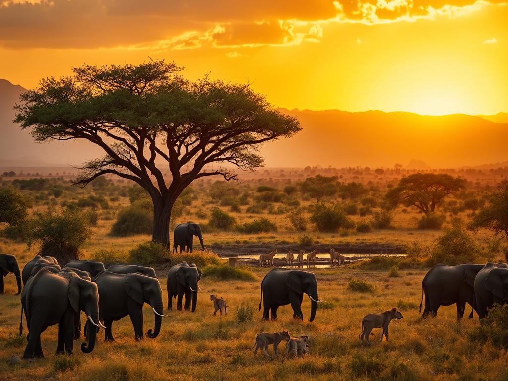 A lush, African savanna landscape at golden hour. In the foreground, a herd of majestic elephants peacefully grazing, their wrinkled trunks swaying. In the middle ground, a watering hole surrounded by towering acacia trees, where a pride of lions watches over their cubs. In the distance, a dramatic skyline of rugged mountains, painted in warm hues by the setting sun. The scene is bathed in soft, directional lighting, creating long, dramatic shadows. A wide, 35mm lens captures the grandeur of the environment, showcasing the perfect conditions for optimal wildlife observation - tranquil, serene, and teeming with life.