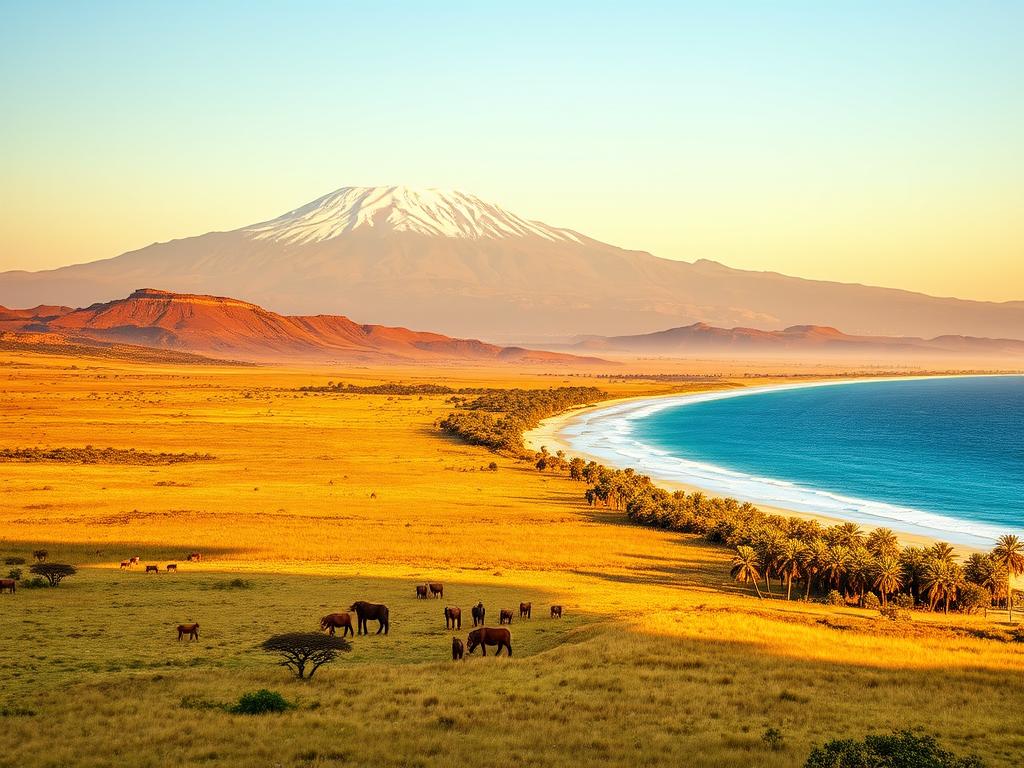 A lush, detailed landscape depicting the varied climates and destinations of Kenya. In the foreground, the iconic Masai Mara savanna, with its vast, golden grasslands dotted with acacia trees and grazing wildlife. In the middle ground, the snow-capped peaks of Mount Kenya, towering majestically. In the background, the azure waters of the Indian Ocean, with palm-fringed white-sand beaches. The scene is illuminated by warm, golden sunlight, casting long shadows and creating a sense of depth and atmosphere. The image conveys the dramatic diversity of Kenya's natural wonders, from the rugged highlands to the tropical coastline, inviting the viewer to explore this captivating destination.