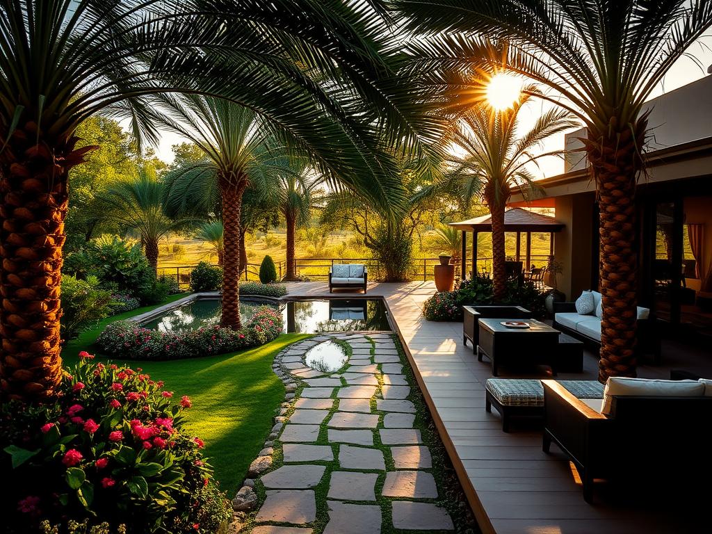 A lush garden oasis on the private terrace of the Mokuti Etosha Lodge. Verdant landscaping with towering palm trees, vibrant flowers, and a serene reflection pool. Warm sunlight filters through the canopy, casting a golden glow over the tranquil scene. A stone pathway winds through the idyllic setting, leading to cozy lounge areas where guests can relax and enjoy the stunning natural vistas. Detailed craftsmanship and elegant furnishings complement the luxurious ambiance, creating an exclusive and captivating outdoor retreat.