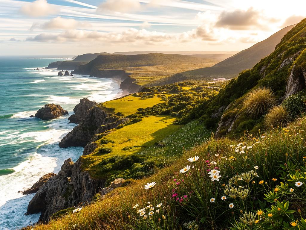 A lush, panoramic landscape showcasing the distinct regional differences between the rugged Western and the lush Eastern coasts of the Garden Route. In the foreground, dramatic cliffs plunge into crashing azure waves, while the middle ground features a sun-dappled meadow dotted with blooming wildflowers. In the distance, a dense, verdant forest canopy stretches out towards the horizon. Warm, golden sunlight filters through wispy clouds, casting a serene, tranquil atmosphere over the scene. Subtle shifts in terrain, vegetation, and coastal features illustrate the unique characteristics of these two distinct geographic regions.