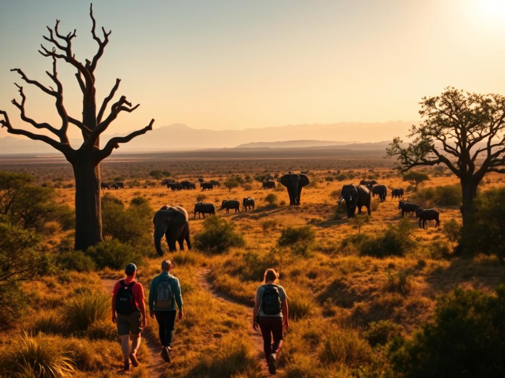 A lush, panoramic vista of the stunning landscapes of eastern and southern Africa, showcasing the best destinations for walking safaris. In the foreground, a group of adventurous hikers traverse a sun-dappled trail, surrounded by towering baobab trees and vibrant savanna grasses. In the middle ground, majestic herds of elephants and wildebeests roam freely, while in the distance, the silhouettes of snow-capped mountains rise against a warm, golden sky. Diffused natural lighting illuminates the scene, casting a serene, ethereal glow over the entire landscape. The overall atmosphere evokes a sense of tranquility, wonder, and the boundless majesty of the African wilderness.