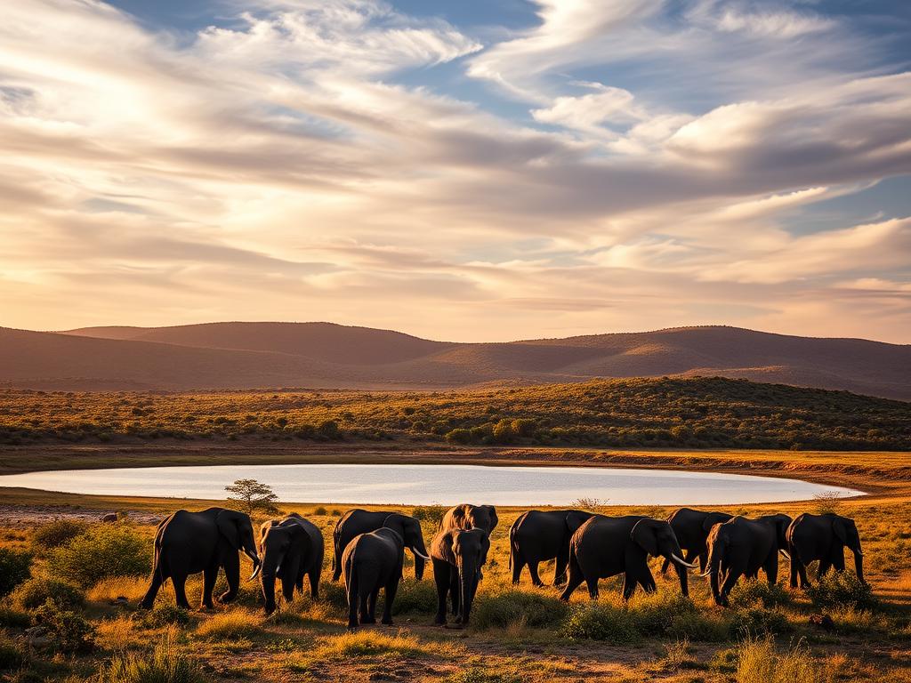 A lush savannah landscape in Botswana, captured in golden hour light. In the foreground, a herd of majestic elephants roam peacefully, their trunks gently swaying. In the middle ground, a tranquil watering hole reflects the dramatic sky, dotted with wispy clouds. In the background, rolling hills covered in verdant vegetation provide a sense of stability and security. The scene exudes a calm, serene atmosphere, conveying the harmony between Botswana's natural wonders and its political stability.