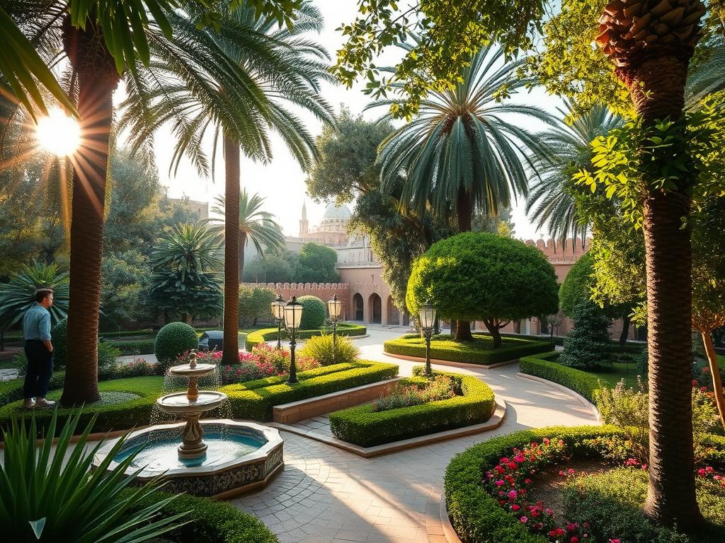 A lush, serene garden oasis in the heart of Fès, Morocco. Sunlight filters through the towering palms and leafy canopies, casting a warm glow over the intricate tile fountains and tranquil reflecting pools. Meandering pathways wind through vibrant flower beds and neatly pruned shrubbery, inviting visitors to pause and immerse themselves in the calming atmosphere. In the distance, the ancient city walls and minarets of the old medina peek through the verdant foliage, creating a harmonious blend of natural and architectural elements. This verdant sanctuary, the Jardin Jnan Sbil, offers a serene respite from the bustling streets, a verdant oasis where one can find rejuvenation and reconnection with the natural world.