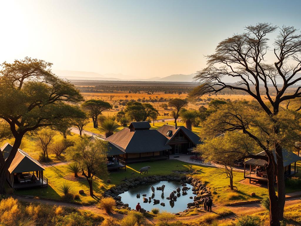 A lush, sun-drenched African landscape, with a sprawling safari camp nestled amidst towering acacia trees and rolling grasslands. In the foreground, guests relax in comfortable tented lodges, their private decks overlooking a watering hole where diverse wildlife congregates. The middle ground features a central hub with a thatched-roof main lodge, its rustic charm accentuated by weathered wood and stone. In the background, a hazy silhouette of distant mountains provides a breathtaking backdrop. Soft, warm lighting casts a golden glow, evoking the timeless essence of an authentic safari experience. The scene radiates a sense of tranquility, exclusivity, and immersion in the natural beauty of the African wilderness.