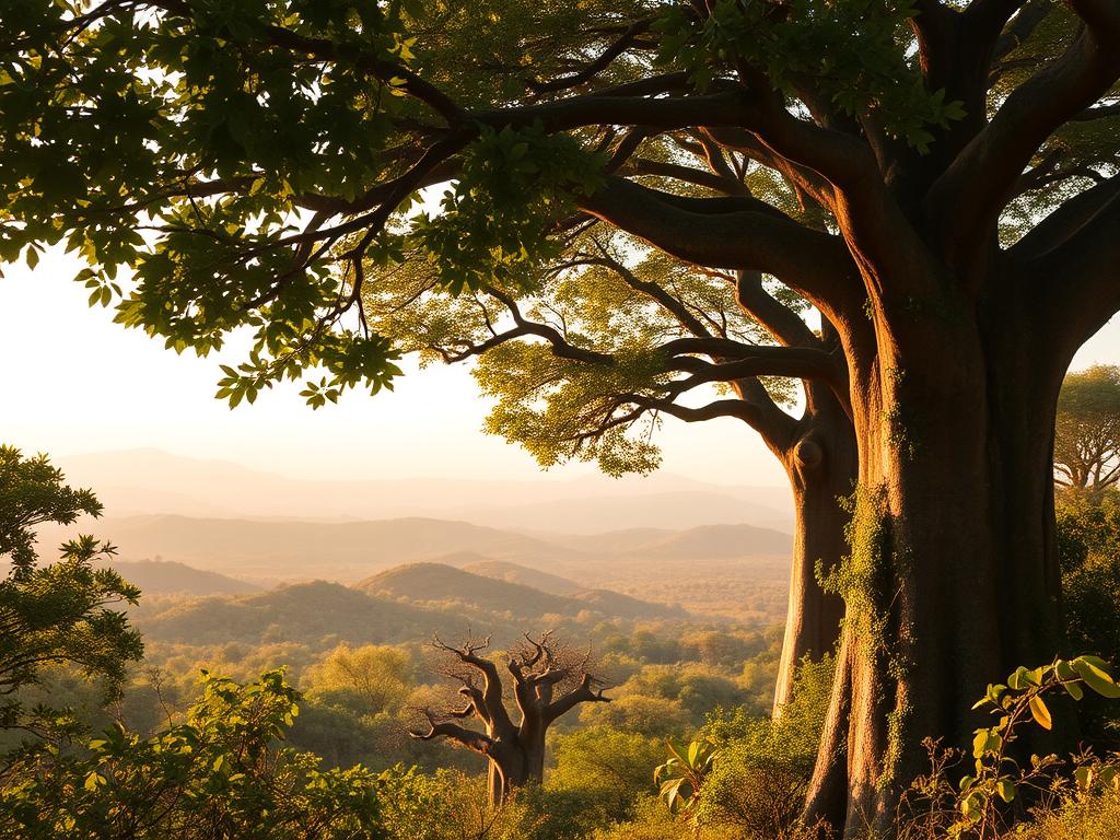 A lush, untouched African landscape with towering baobab trees and vibrant, diverse foliage filling the frame. In the foreground, a canopy of verdant leaves and vines creates a sense of immersion, leading the eye to the rolling hills and distant mountains in the middle ground, bathed in warm, golden sunlight. The background is a hazy, dreamlike horizon, suggesting the vastness of the unspoiled wilderness. The overall scene conveys a peaceful, serene atmosphere, inviting the viewer to explore this captivating natural wonder.