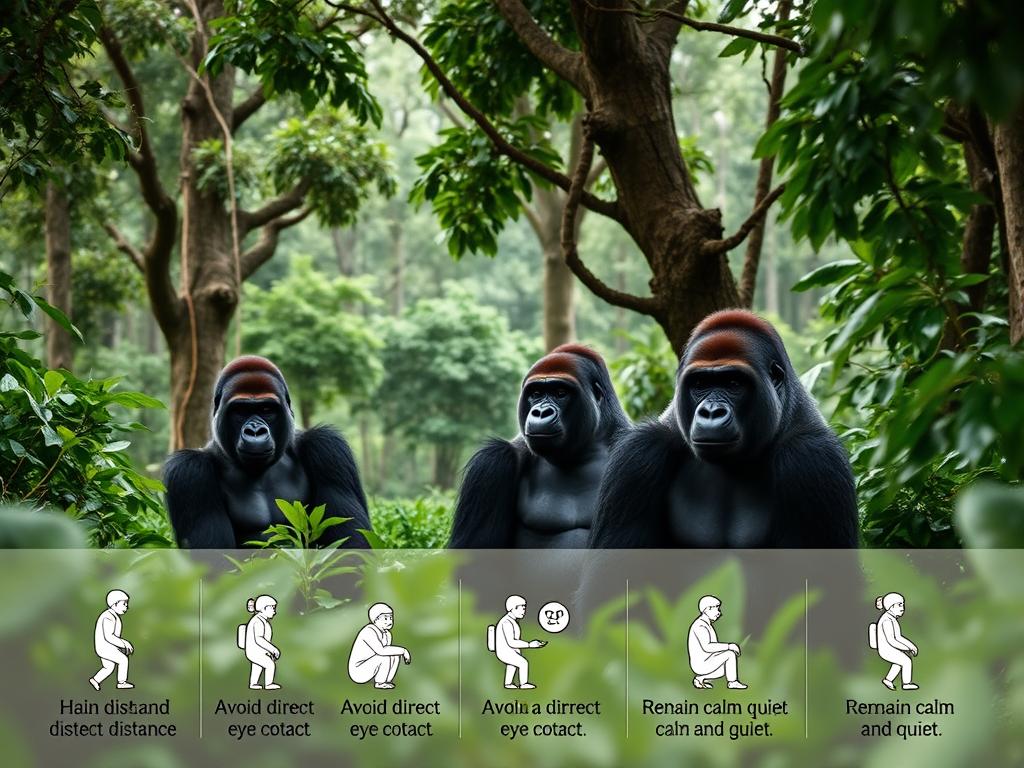 A lush, verdant forest backdrop with towering trees and a canopy of foliage. In the middle ground, a group of majestic gorillas, their powerful frames and expressive faces captured in a moment of serenity. In the foreground, a set of pictographic illustrations depicting the proper etiquette for gorilla trekking, including maintaining distance, avoiding direct eye contact, and remaining calm and quiet. The scene is lit by soft, diffused natural lighting, creating a sense of tranquility and respect for the natural habitat. The overall composition conveys the importance of responsible and ethical gorilla encounters.