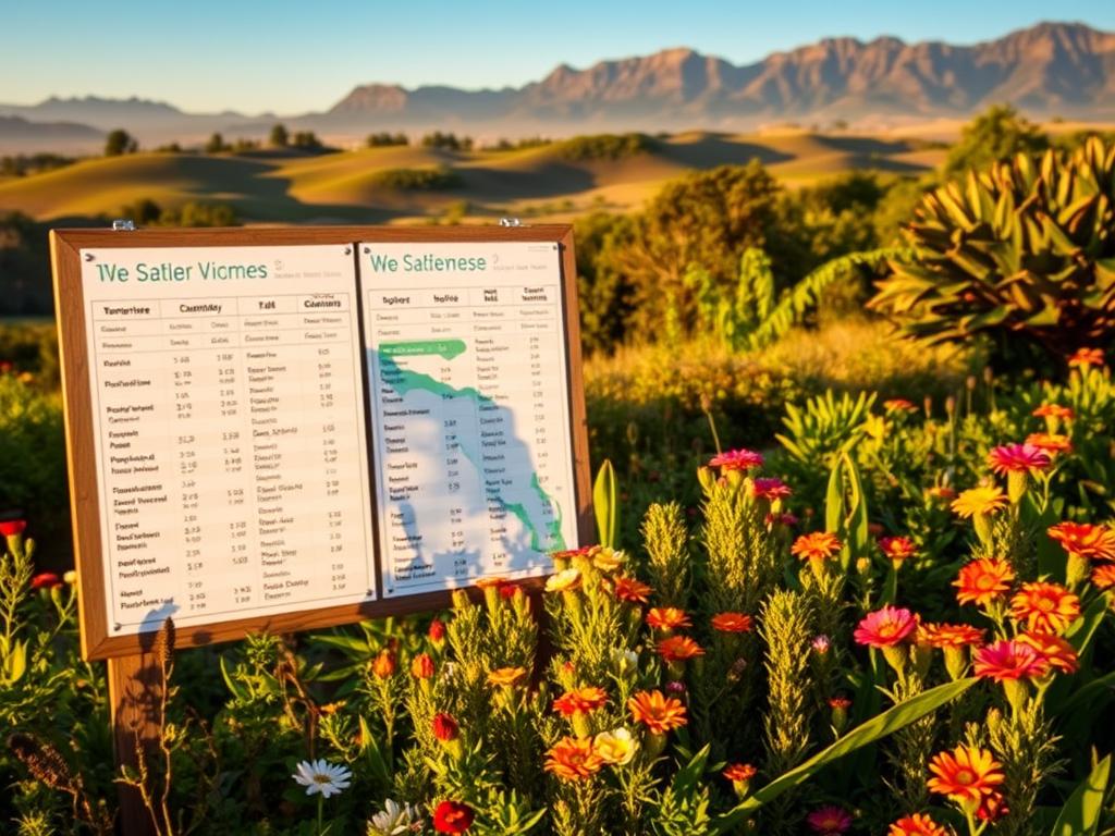 A lush, verdant garden along the Garden Route, with detailed weather and climate tables prominently displayed. The tables show temperature, rainfall, and sunshine data for different regions and seasons, presented on weathered wooden boards. The garden is bathed in warm, golden afternoon light, casting soft shadows across the scene. In the foreground, a variety of indigenous plants and flowers add vibrant splashes of color, while in the background, rolling hills and a distant mountain range create a picturesque backdrop. The overall atmosphere is one of tranquility and informative utility, inviting the viewer to plan their ideal Garden Route adventure.