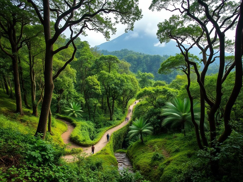 A lush, verdant landscape of the Bwindi Impenetrable National Park in Uganda, nestled within the mist-shrouded Virunga Mountains. Towering, ancient trees form a dense, primeval forest canopy, filtering dappled sunlight onto the mossy undergrowth below. Winding trails lead through this enchanting wilderness, where the gentle rustling of leaves and the calls of unseen wildlife create a captivating, primal atmosphere. In the distance, a misty, bluish-grey mountain range rises, its peaks capped with wispy clouds. The scene conveys a sense of timeless, untamed beauty, inviting the viewer to embark on an unforgettable journey of gorilla trekking in this remarkable national park.