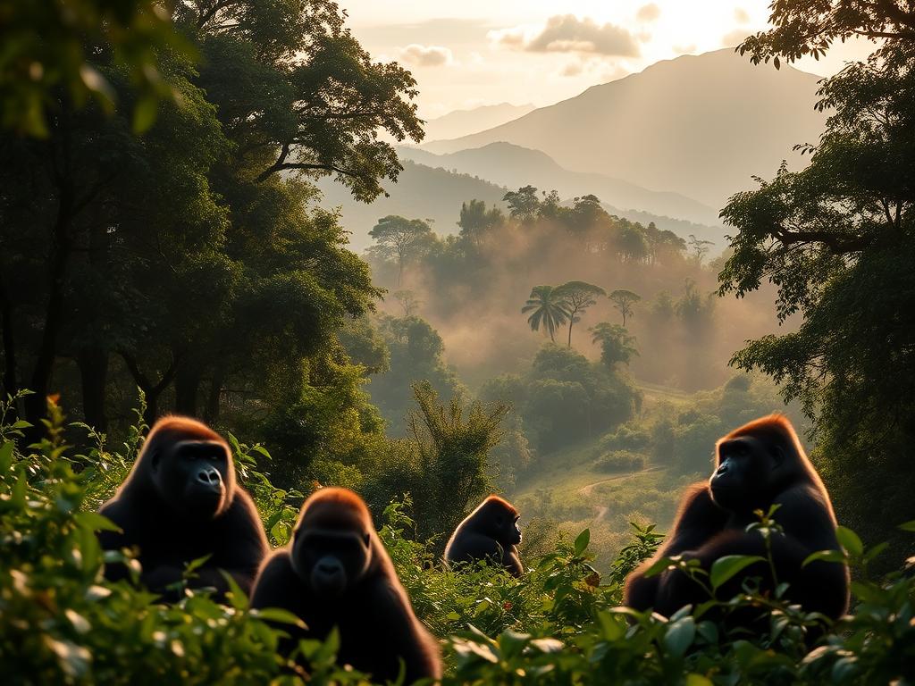 A lush, verdant landscape with a family of majestic mountain gorillas in the foreground. The gorillas are captured in a natural, candid moment, their expressions and interactions conveying the tranquility and wonder of their habitat. The middle ground features a misty, ethereal forest backdrop, with towering trees and a winding path leading deeper into the wilderness. The lighting is soft and diffused, creating a warm, golden glow that enhances the serenity of the scene. In the background, a distant mountain range rises majestically, its peaks touched by wispy clouds. The overall composition evokes a sense of timeless, untamed beauty, perfectly capturing the essence of the "Beste Reisezeit Gorilla Trekking" in Africa.