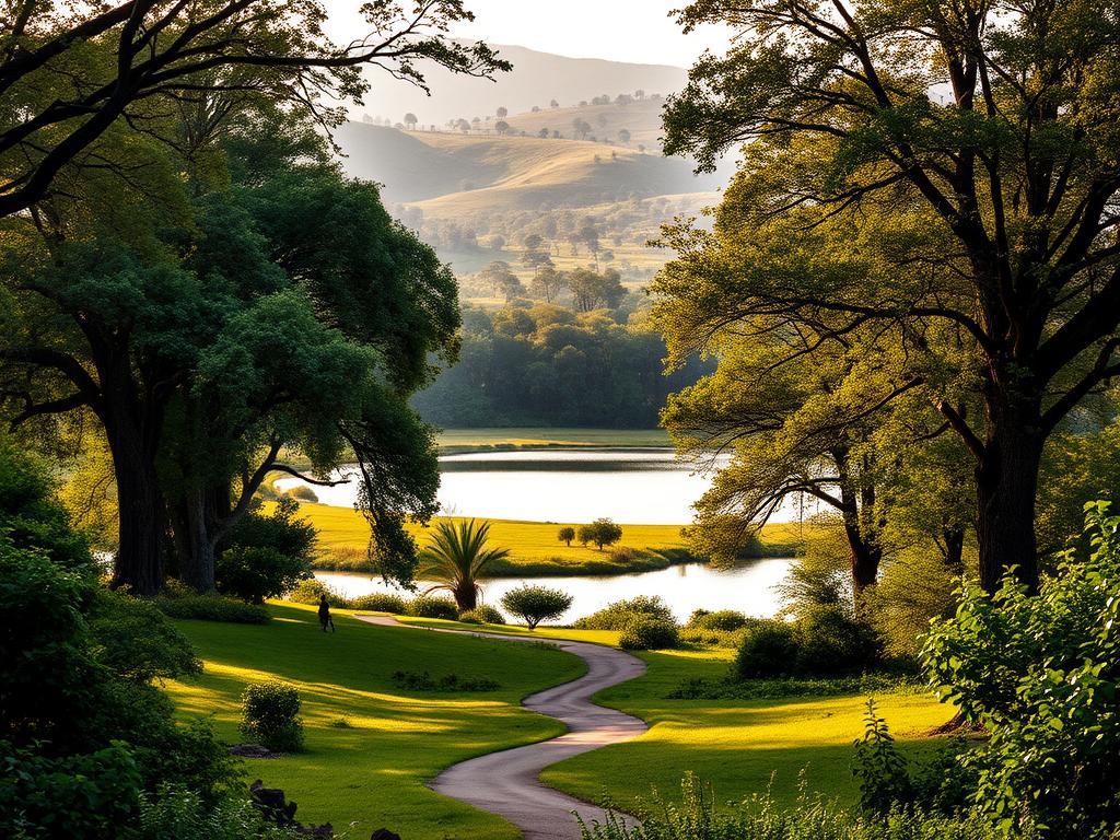 A lush, verdant park landscape with a serene lake in the middle ground. In the foreground, a winding path meanders through towering trees and dense foliage, inviting exploration. The background features gently rolling hills dotted with clusters of trees, creating a sense of depth and natural harmony. The lighting is soft and diffused, casting a warm, golden glow over the scene. The overall mood is one of tranquility and timelessness, conveying the rich history and careful structure of this cherished African wildlife preserve.