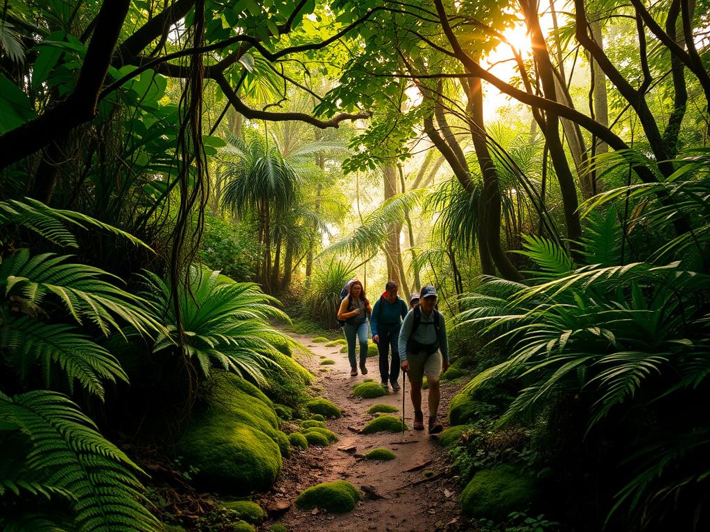 A lush, verdant rainforest canopy envelops the scene, its dense foliage casting dappled shadows across the mossy undergrowth. A narrow dirt trail winds through the undergrowth, flanked by towering ferns and twisted vines. In the middle distance, a group of adventurous hikers, clad in sturdy gear, carefully navigate the rugged terrain, their expressions a mix of anticipation and focus. The air is thick with the scent of damp earth and the distant calls of exotic birds. Shafts of warm, golden light filter through the leafy boughs, illuminating the scene with a soft, dreamlike quality. The overall mood is one of exploration, discovery, and a deep connection with the natural world.