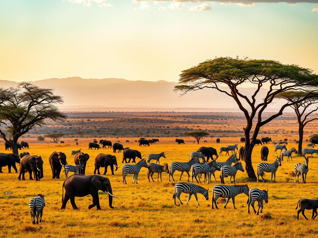 A lush, vibrant African savanna unfolds before the viewer, showcasing the magnificent Masai Mara ecosystem. In the foreground, a herd of majestic elephants grazes peacefully, their trunks swaying as they forage. Zebras and wildebeests dot the middleground, their distinct patterns and movements capturing the essence of a classic safari. In the background, the iconic silhouettes of acacia trees frame a breathtaking panorama of the rolling hills and distant mountains. Warm, golden-hour lighting bathes the scene, creating a sense of tranquility and timelessness. The composition is balanced and dynamic, inviting the viewer to immerse themselves in the vibrant, untamed beauty of the Masai Mara.