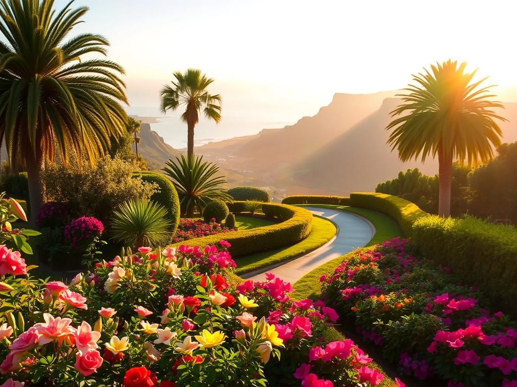 A lush, vibrant garden against the backdrop of the iconic Garden Route, bathed in warm, golden afternoon light. In the foreground, a meticulously tended flowerbed bursting with colorful blooms - roses, lilies, and vibrant azaleas. The middle ground features a winding path leading deeper into the garden, flanked by neatly trimmed hedges and towering palm trees. In the distance, the rugged, sun-kissed cliffs of the Garden Route stretch out, creating a breathtaking panoramic vista. The overall scene conveys a sense of tranquility, natural beauty, and the perfect harmony between cultivated and wild landscapes - an idyllic representation of the best time to experience the Garden Route.