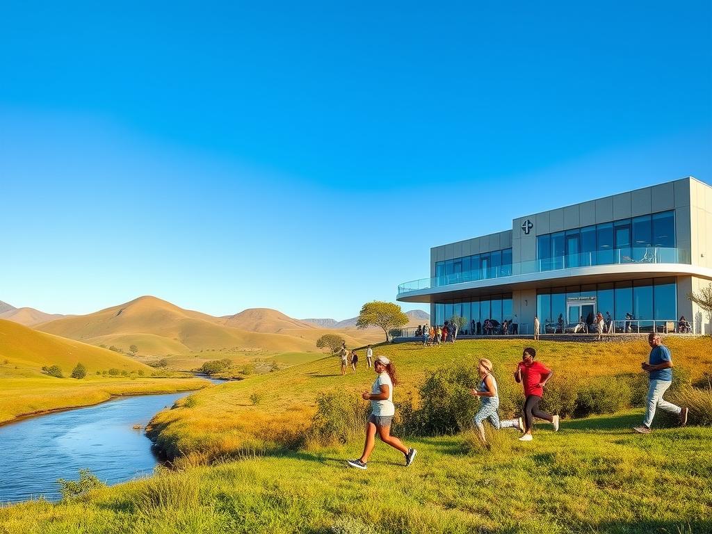 A lush, vibrant landscape in South Africa, with rolling hills, a clear blue sky, and a serene, winding river in the foreground. In the middle ground, a group of people, diverse in age and ethnicity, engaged in various health and wellness activities - jogging, stretching, or participating in a group exercise class. The background features a modern, well-equipped medical facility, its facade gleaming in the warm, golden light of the African sun. The scene conveys a sense of wellness, preventative healthcare, and the integration of traditional and modern healthcare practices in the unique context of South Africa.