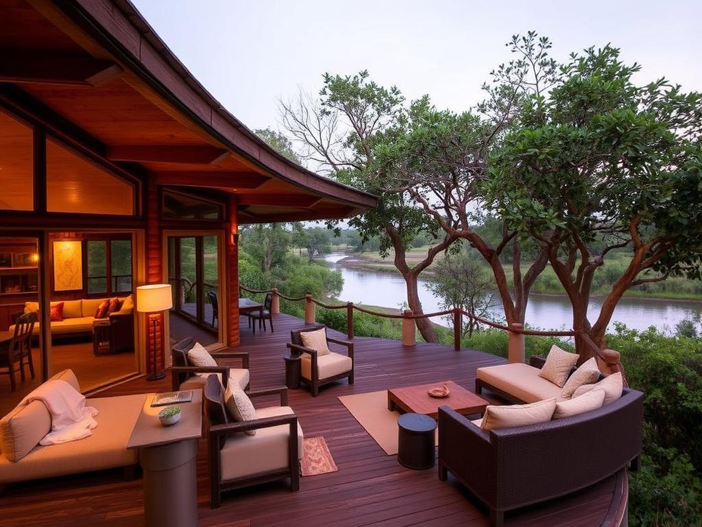 A luxurious, rustic lodge nestled in the lush, verdant landscape of Chobe National Park, Botswana. The warm, earthy tones of the wooden structure blend seamlessly with the surrounding greenery, creating a cozy, inviting atmosphere. Large, panoramic windows offer breathtaking views of the Chobe River and the diverse wildlife that call this region home. Plush, comfortable furnishings adorn the interior, while a spacious outdoor deck provides the perfect spot to relax and take in the sights and sounds of the African wilderness. Soft, diffused lighting casts a gentle glow, setting the mood for an unforgettable safari experience. This image captures the essence of the luxurious accommodations available to visitors exploring the wonders of Chobe National Park.