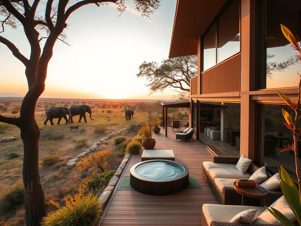 A luxurious safari lodge nestled amidst the untamed beauty of the African wilderness. The Luxus Lodge Natur stands tall, its modern architecture seamlessly blending with the surrounding nature. Expansive windows offer panoramic vistas of the savanna, where elephants roam and lions prowl. Warm, earthy tones and natural materials create a cozy, inviting atmosphere. A spacious terrace with plush seating invites guests to soak in the tranquility, as the soft golden light of dusk casts a serene glow. Towering trees and vibrant indigenous flora frame the scene, evoking a sense of harmony between luxury and the untamed beauty of the natural world.