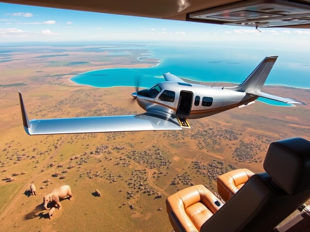 A luxurious small plane soars over the vast, sun-dappled savanna of Africa, its sleek silver body gleaming in the warm light. The pilot expertly navigates the aircraft, offering passengers a bird's-eye view of the sweeping landscape below - herds of elephants, giraffe, and zebra roam the lush, verdant grasslands, while in the distance, a shimmering blue lake reflects the azure sky. The interior of the plane is elegant and refined, with plush leather seats and large panoramic windows, allowing travelers to fully immerse themselves in the breathtaking scenery as they embark on an exclusive fly-in safari adventure. This private, personalized journey promises unparalleled comfort and unforgettable encounters with the untamed wonders of the African wilderness.