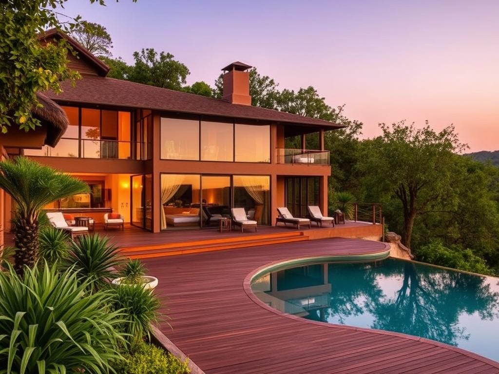 A luxurious wellness lodge nestled in the heart of the African wilderness, surrounded by lush, verdant foliage and tranquil natural landscapes. The building's elegant architecture seamlessly blends traditional elements with modern design, featuring warm, earthy tones, natural materials, and large windows that offer panoramic views of the serene environment. Guests can indulge in a variety of wellness treatments, from soothing massages to rejuvenating facials, in the lodge's state-of-the-art spa facilities, bathed in soft, ambient lighting. The outdoor pool area is an oasis of calm, with a wooden deck overlooking a picturesque lake, where guests can unwind and immerse themselves in the beauty of the African wilderness. The overall atmosphere evokes a sense of luxurious relaxation and rejuvenation, perfectly complementing the high-end safari experiences offered in the region.