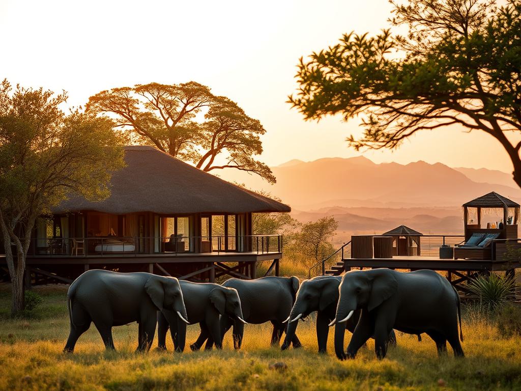 A luxury safari lodge nestled in the lush Kenyan wilderness, surrounded by acacia trees and rolling hills. The warm, golden light of the African sun filters through the thatched roofs, casting a cozy glow over the elegant wooden decks and private verandas. In the foreground, a family of elephants grazes peacefully, their gentle movements and powerful presence capturing the essence of the Big 5 safari experience. The middle ground showcases a well-appointed suite, its spacious interiors and plush furnishings promising unparalleled comfort and relaxation after a day of thrilling wildlife encounters. In the background, the silhouettes of distant mountains create a breathtaking panorama, evoking a sense of adventure and wonder. This captivating scene embodies the perfect blend of luxury, nature, and the quintessential Kenyan safari.